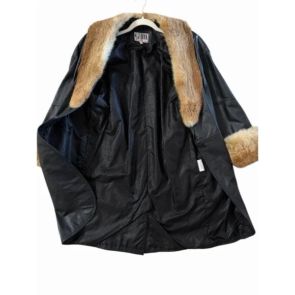 Vintage Black Leather Coat Real Fur Collar Cuffs Womens Made in Korea Sz L
